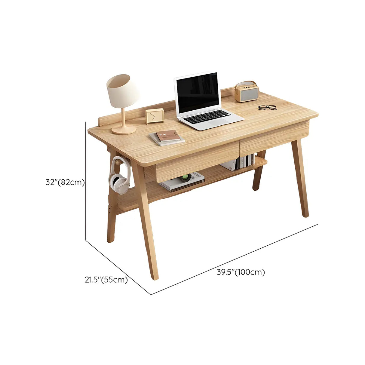 Natural Finish Wood Trestle Writing Desk with 2 Drawers 