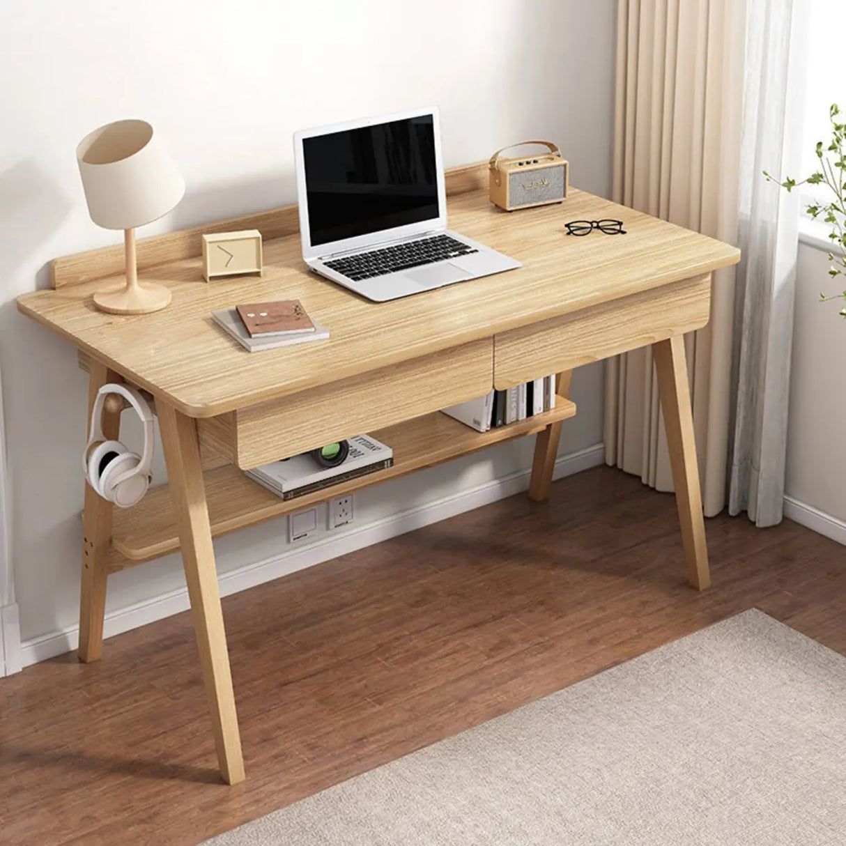 Natural Finish Wood Trestle Writing Desk with 2 Drawers Image - 2