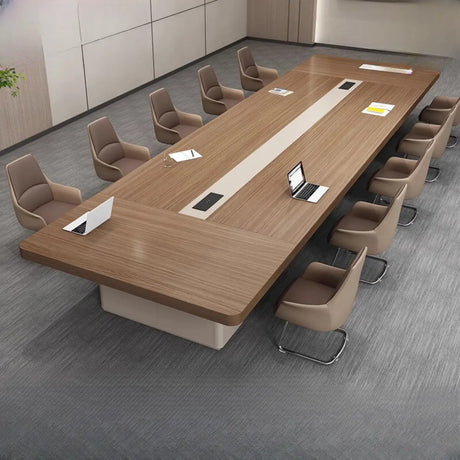 Natural Finish Wooden Multi-personal Desk with Cabinets Image - 1