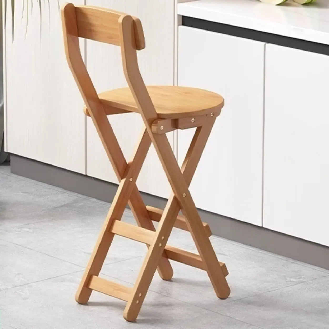 Natural Foldable Round Wood Armless Bar Stool With Footrest Image - 3