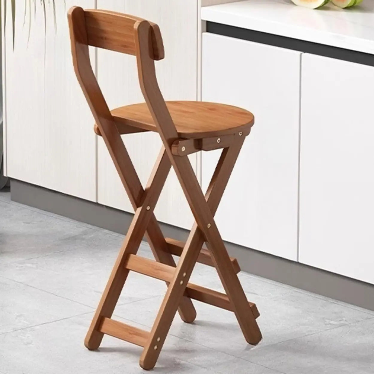 Natural Foldable Round Wood Armless Bar Stool With Footrest Image - 7