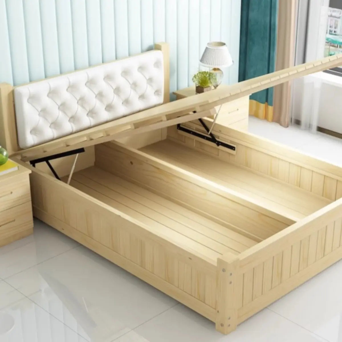 Natural Headboard Queen Wood Storage Bed with Drawers Image - 3