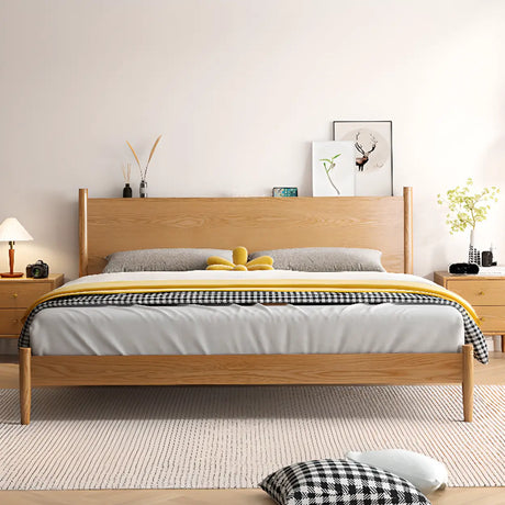 Natural King Headboard Wood Storage Panel Bed with Shelves Image - 1