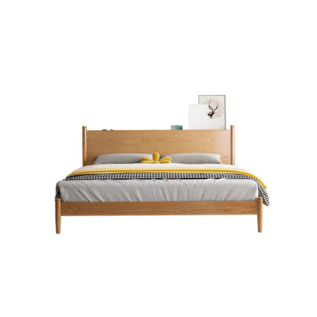 Natural King Headboard Wood Storage Panel Bed with Shelves Image - 2