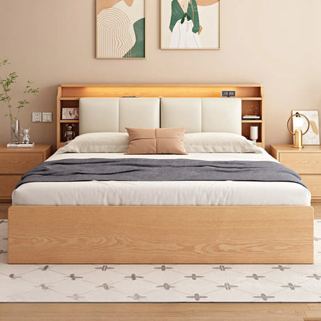 Natural King Platform Headboard Wood Shelves Storage Bed Image - 1