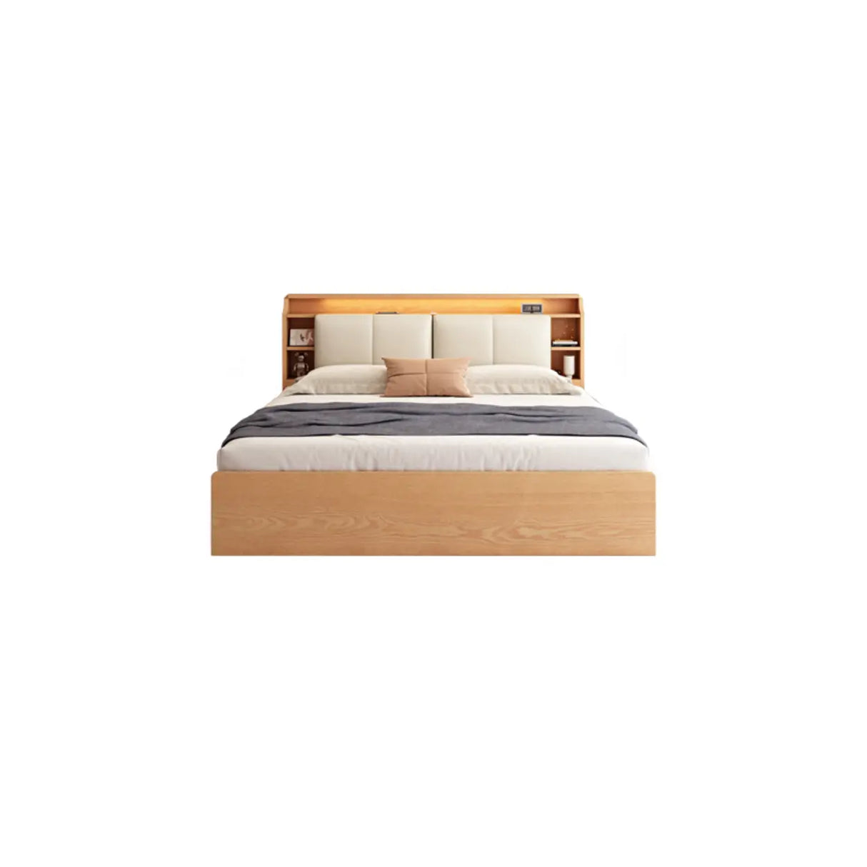 Natural King Platform Headboard Wood Shelves Storage Bed Image - 2