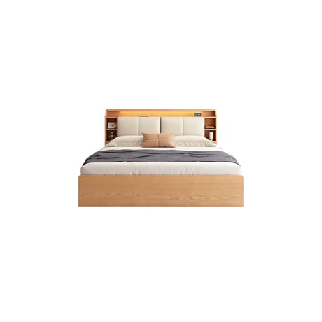 Natural King Platform Headboard Wood Shelves Storage Bed Image - 2
