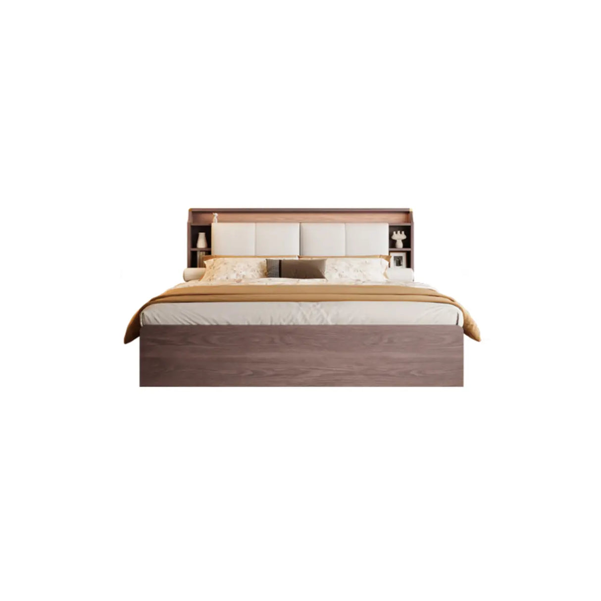 Natural King Platform Headboard Wood Shelves Storage Bed Image - 3