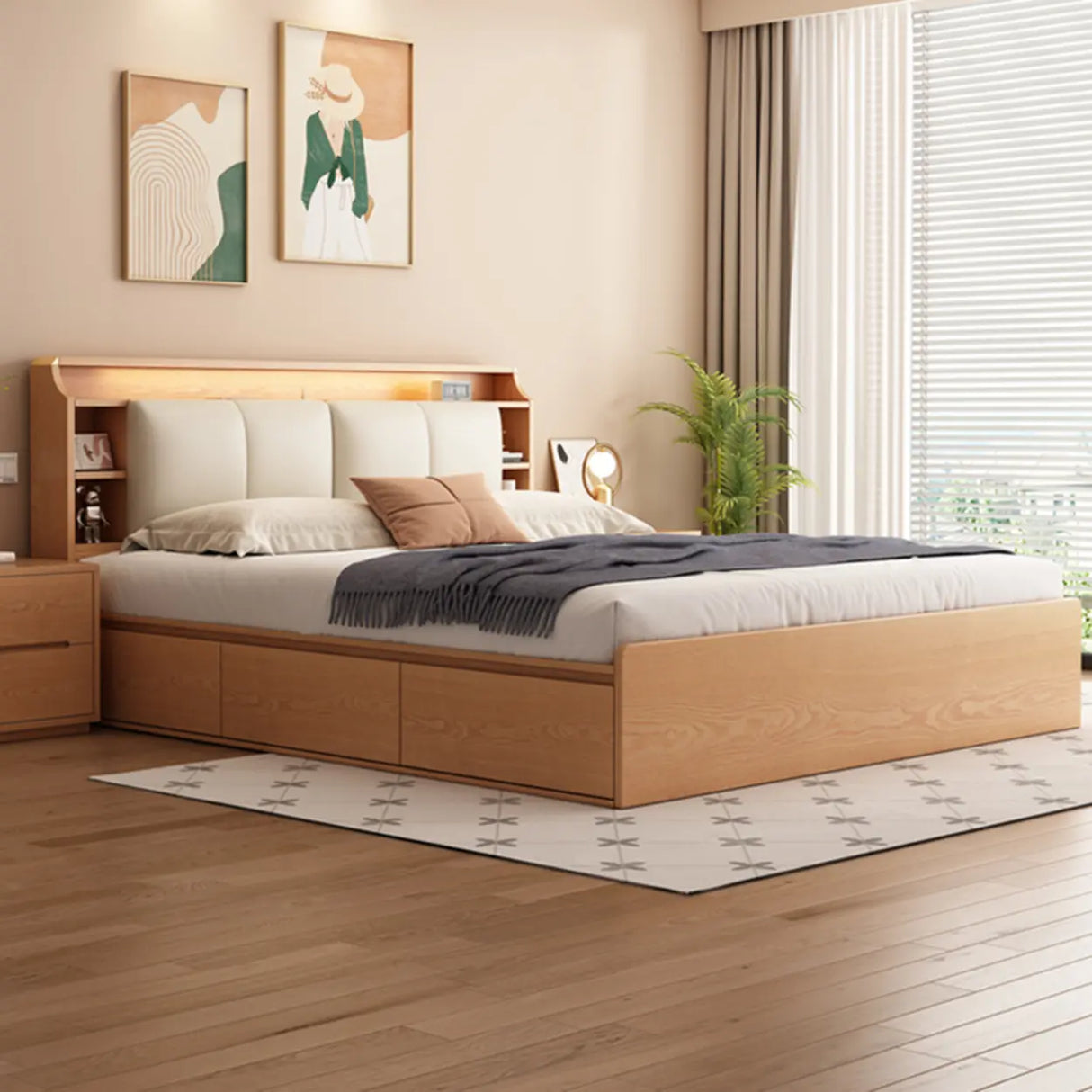 Natural King Platform Headboard Wood Shelves Storage Bed Image - 4