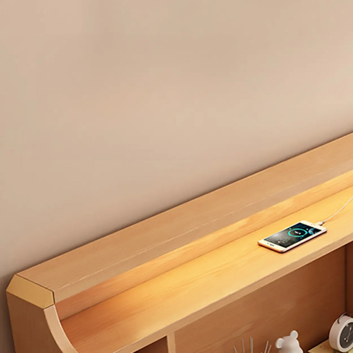 Natural King Platform Headboard Wood Shelves Storage Bed Image - 8