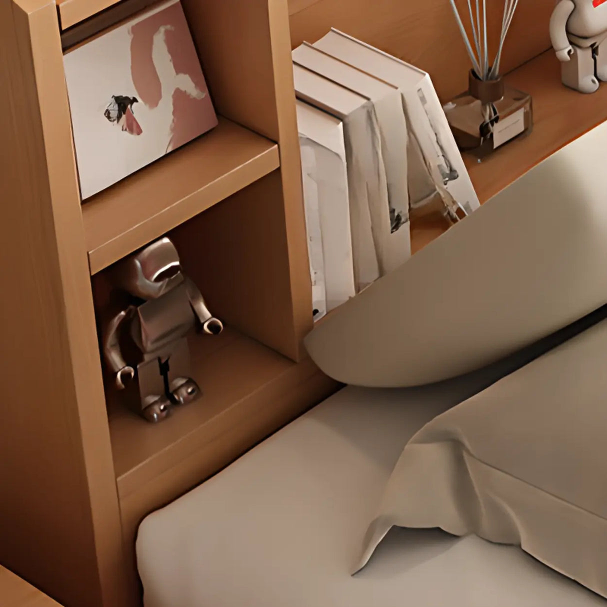 Natural King Platform Headboard Wood Shelves Storage Bed Image - 9