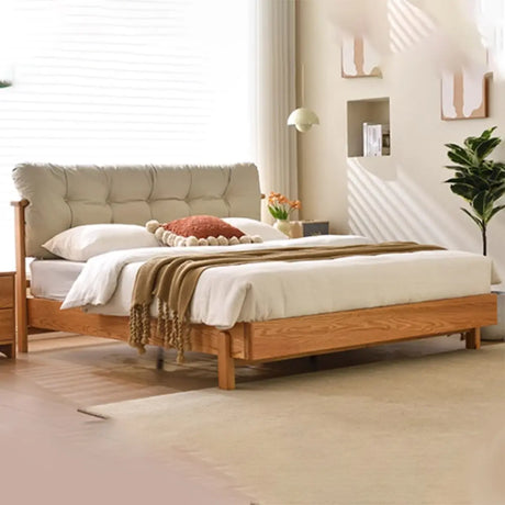 Natural King Platform Wood Upholstered Headboard Bed Image - 1