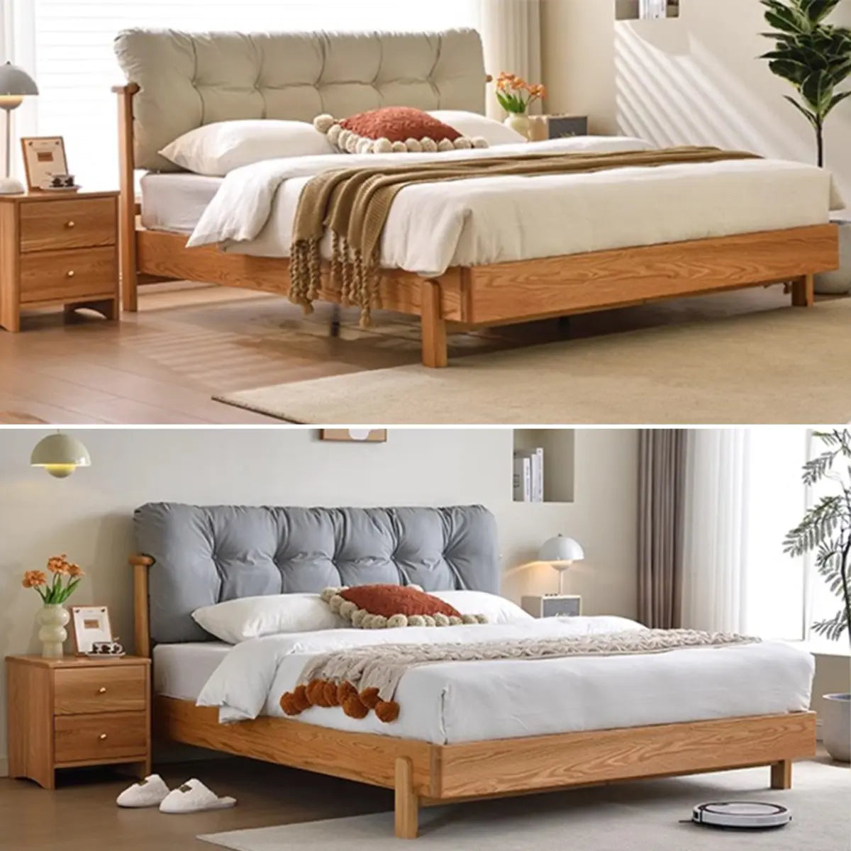 Natural King Platform Wood Upholstered Headboard Bed Image - 10