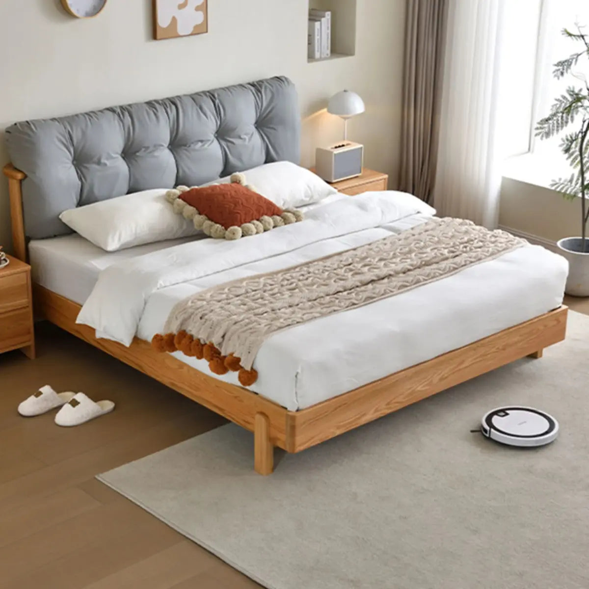 Natural King Platform Wood Upholstered Headboard Bed Image - 3