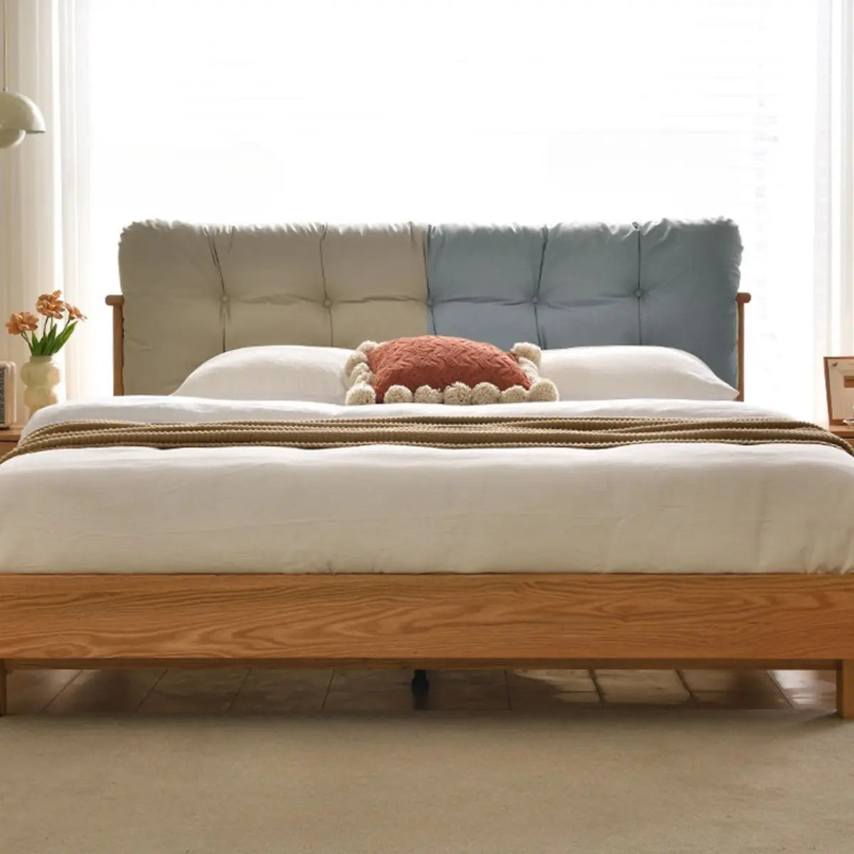 Natural King Platform Wood Upholstered Headboard Bed Image - 4
