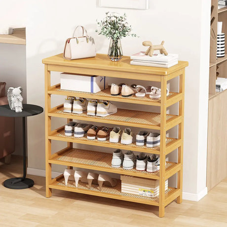 Natural Multi-Tier Bamboo Shoe Storage Rack Entryway Image - 1