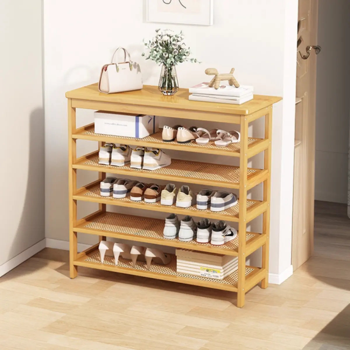 Natural Multi-Tier Bamboo Shoe Storage Rack Entryway Image - 33