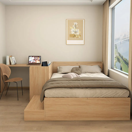 Natural Oak Full Wood Storage Tatami Bed with Stair Image - 1