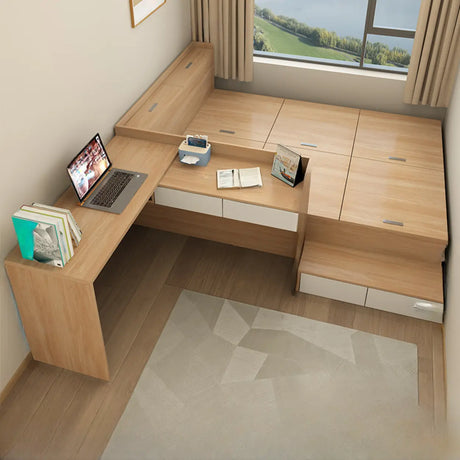 Natural Oak Full Wood Storage Tatami Bed with Stair Image - 2