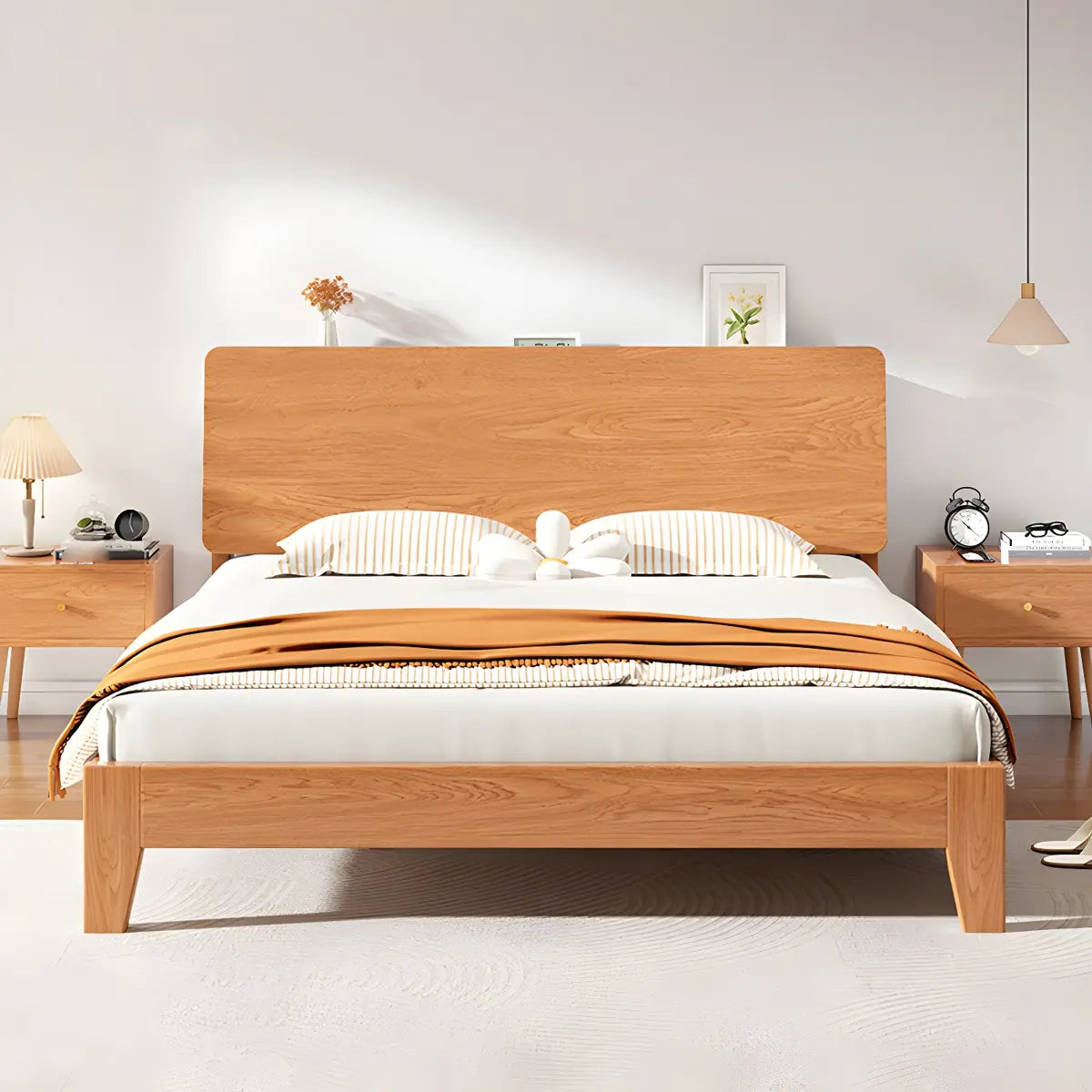 Natural Oak Queen Panel Shelves Bed with Headboard Image - 1