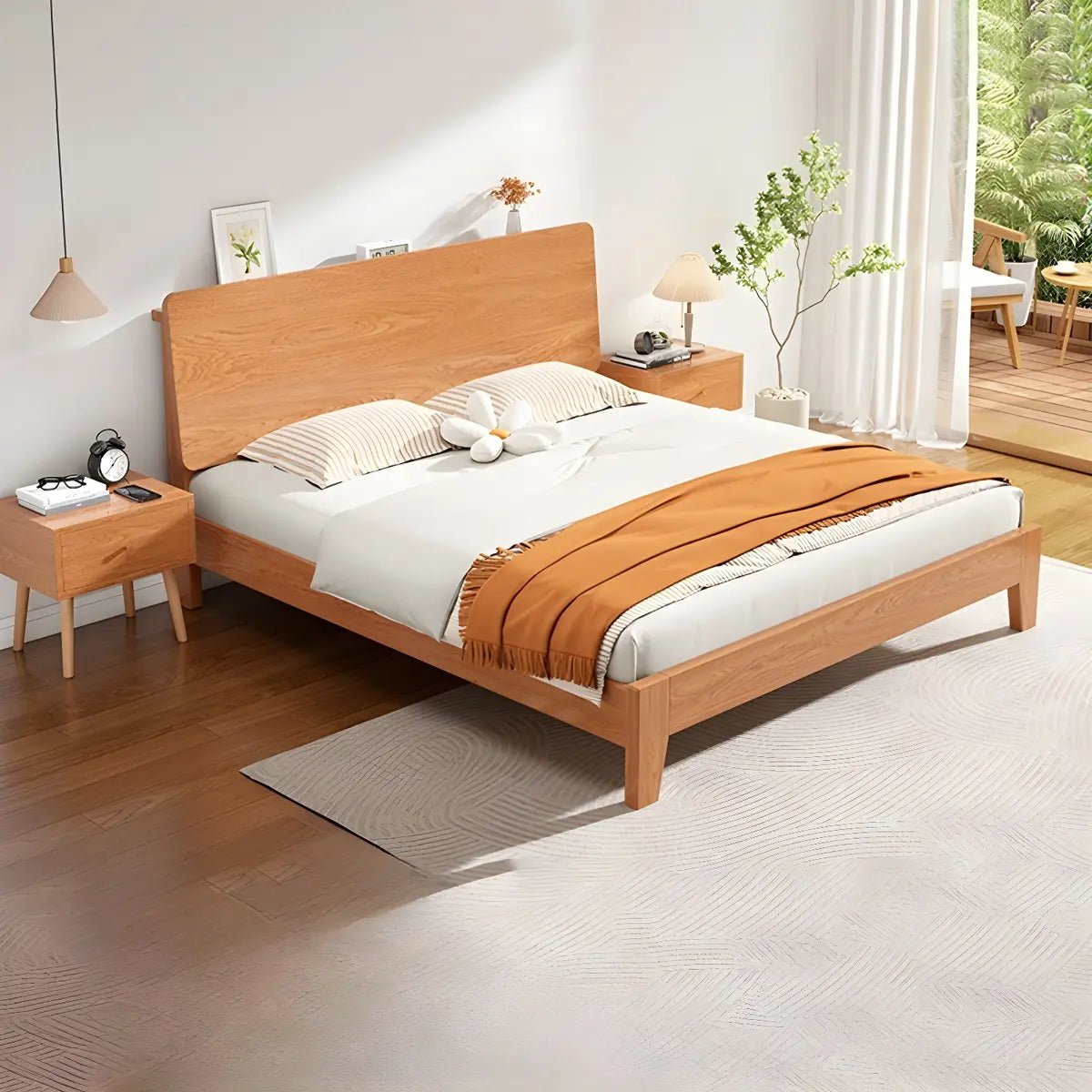 Natural Oak Queen Panel Shelves Bed with Headboard Image - 10