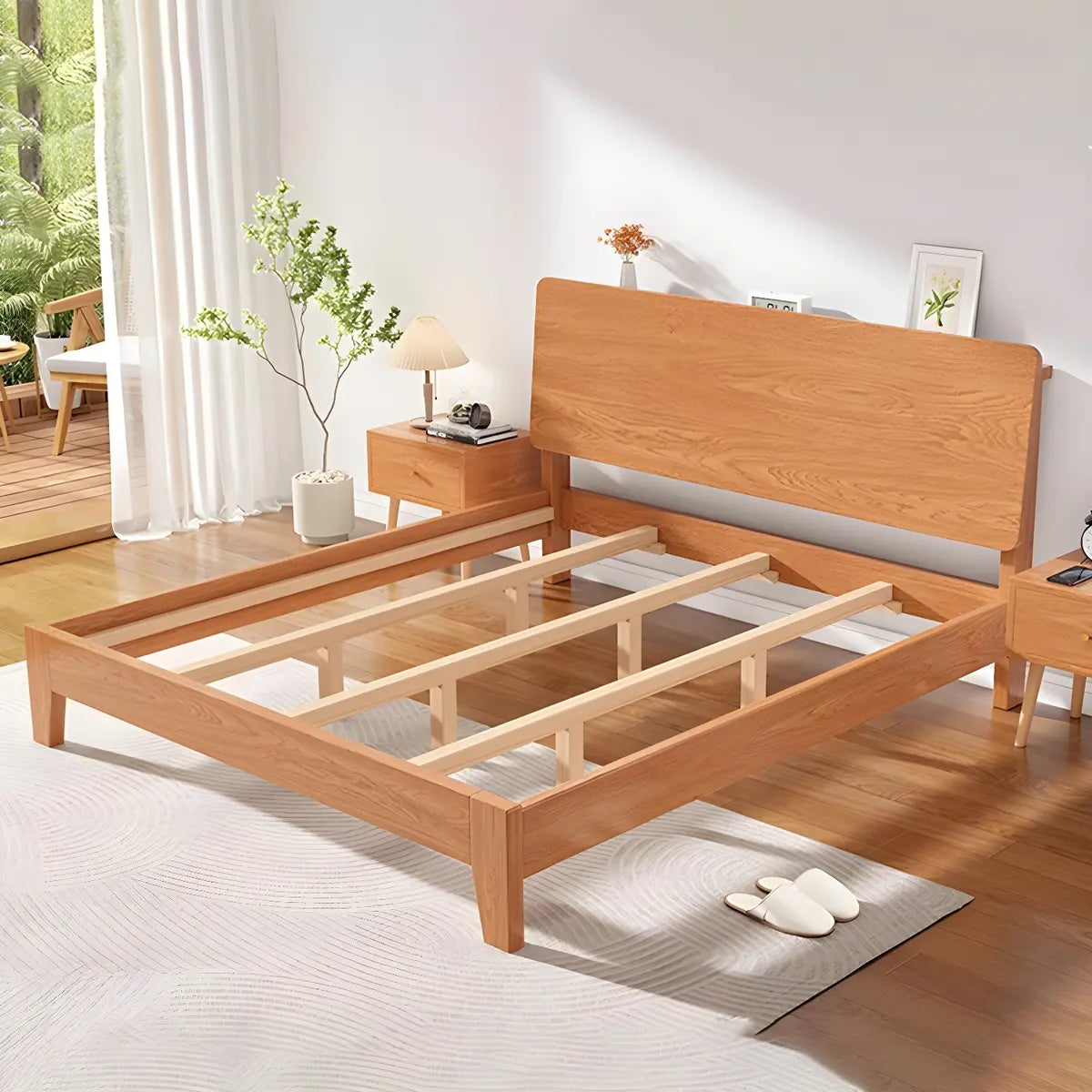 Natural Oak Queen Panel Shelves Bed with Headboard Image - 11