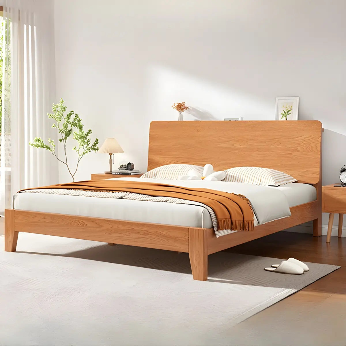 Natural Oak Queen Panel Shelves Bed with Headboard Image - 3