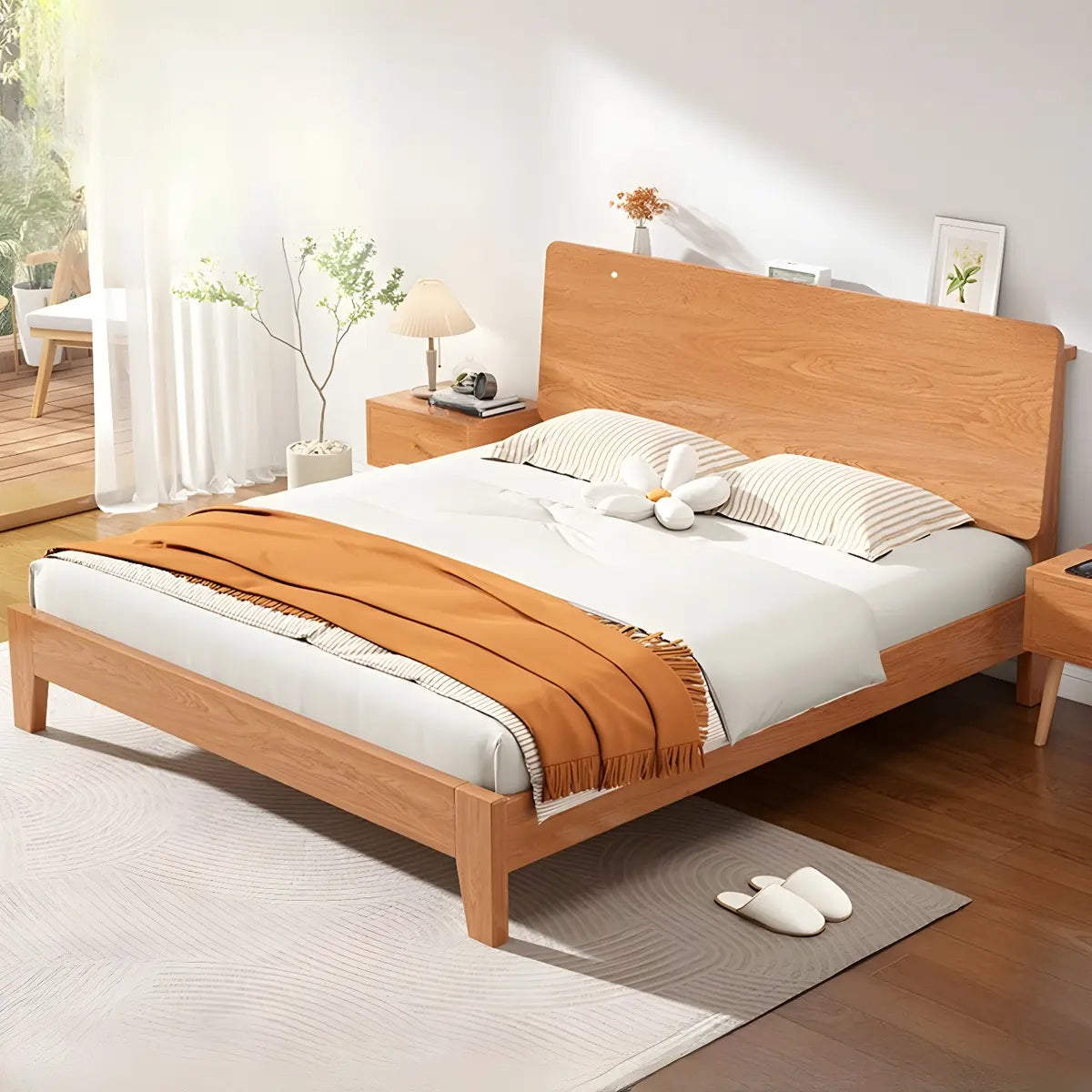Natural Oak Queen Panel Shelves Bed with Headboard Image - 4