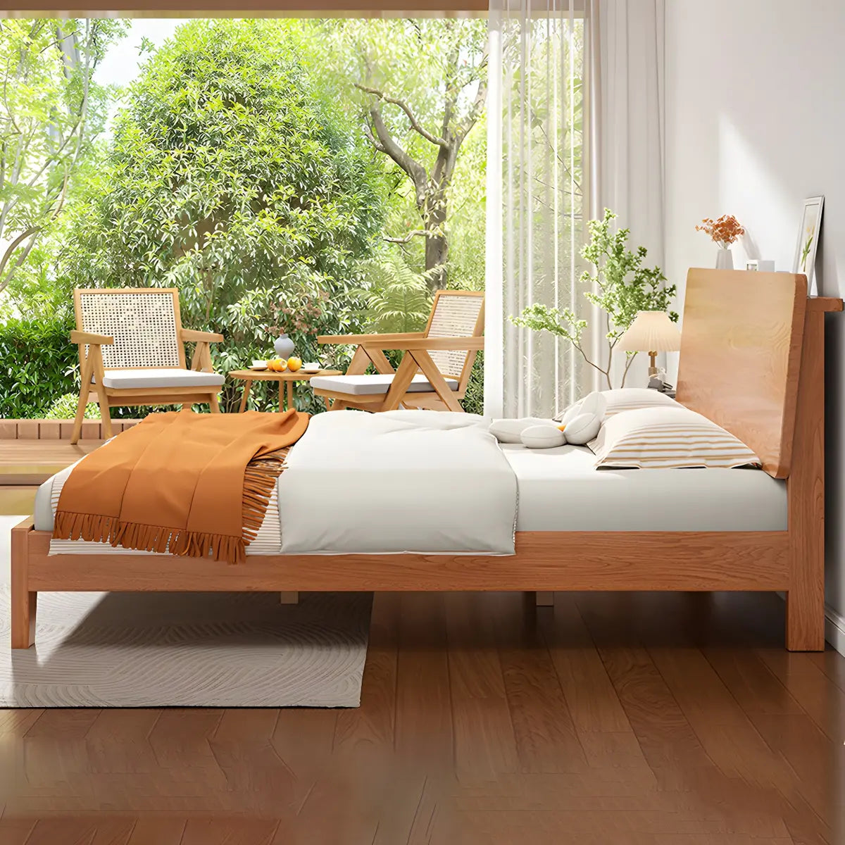 Natural Oak Queen Panel Shelves Bed with Headboard Image - 5