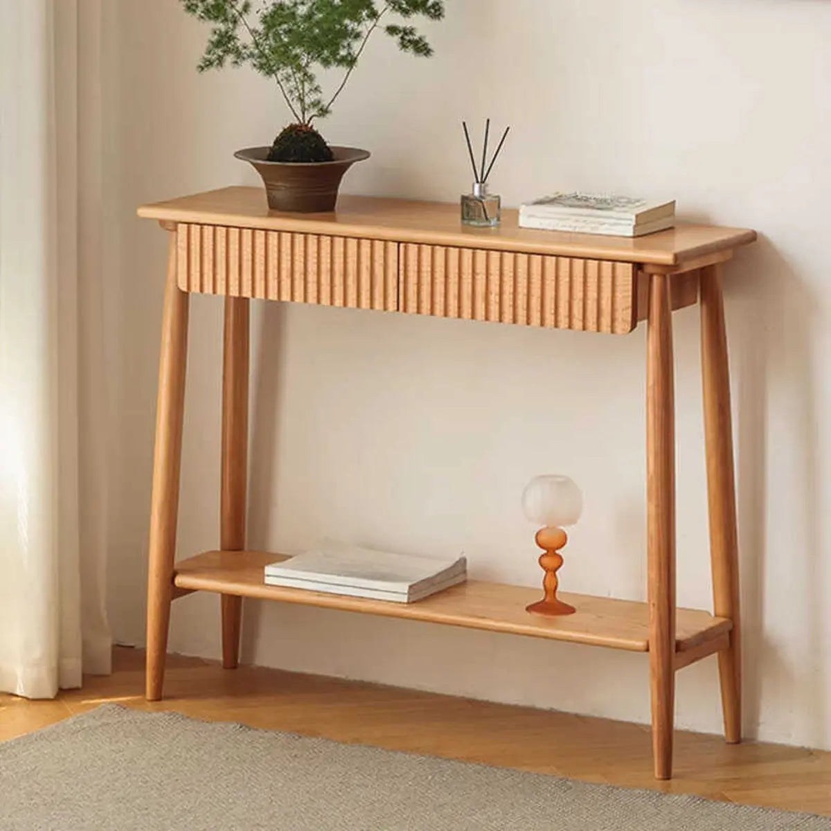 Natural Oak Storage Console Table with Shelf and Drawers Image - 1