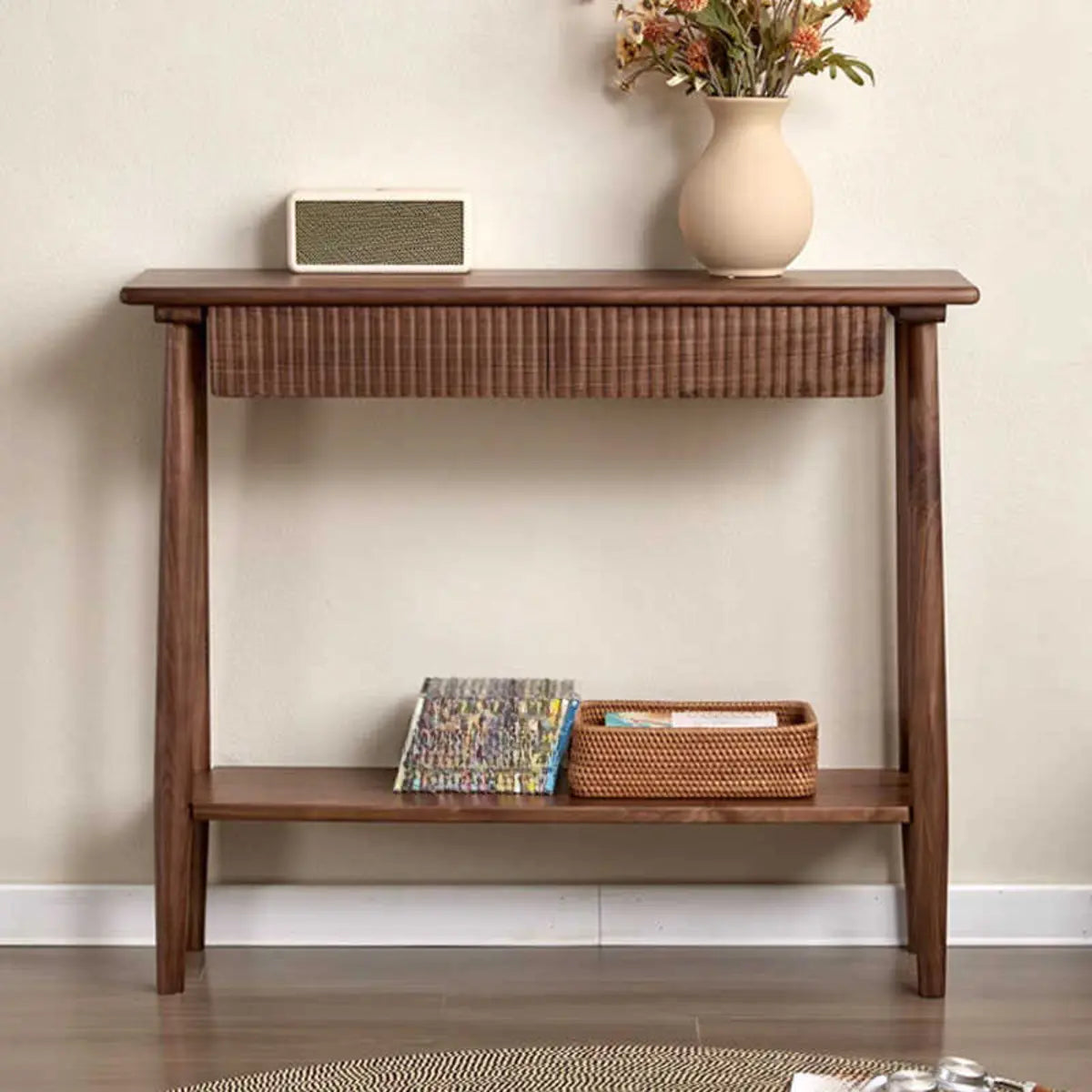 Natural Oak Storage Console Table with Shelf and Drawers Image - 3