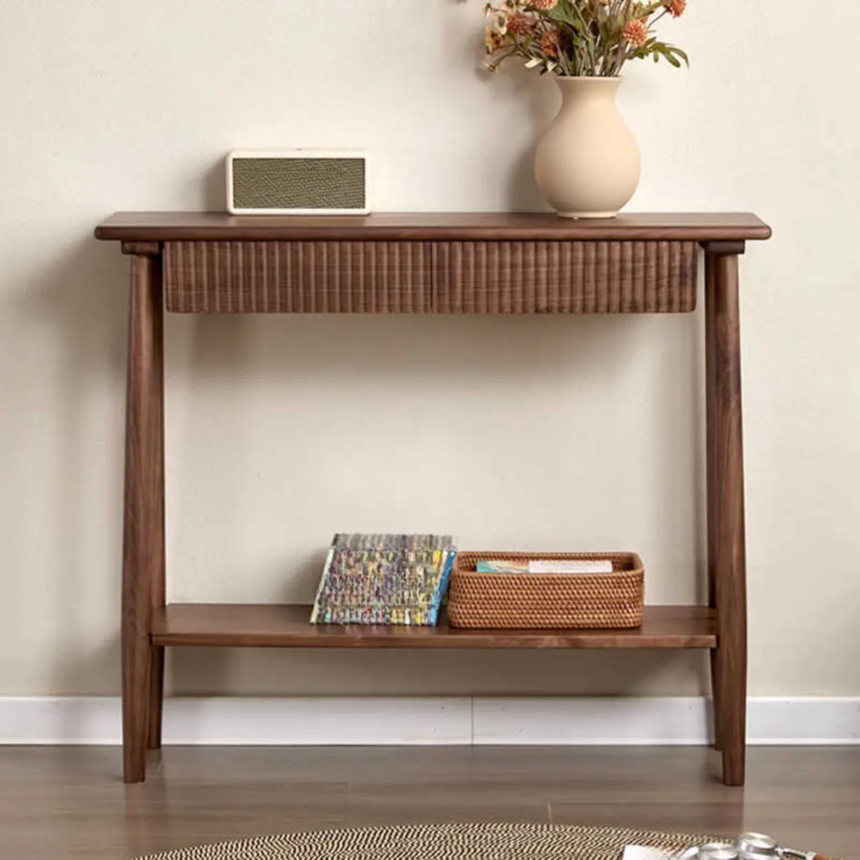 Natural Oak Storage Console Table with Shelf and Drawers Image - 3