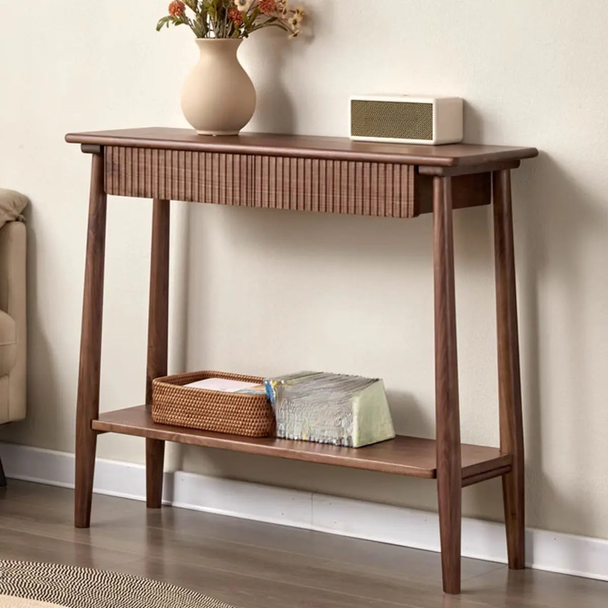 Natural Oak Storage Console Table with Shelf and Drawers Image - 4
