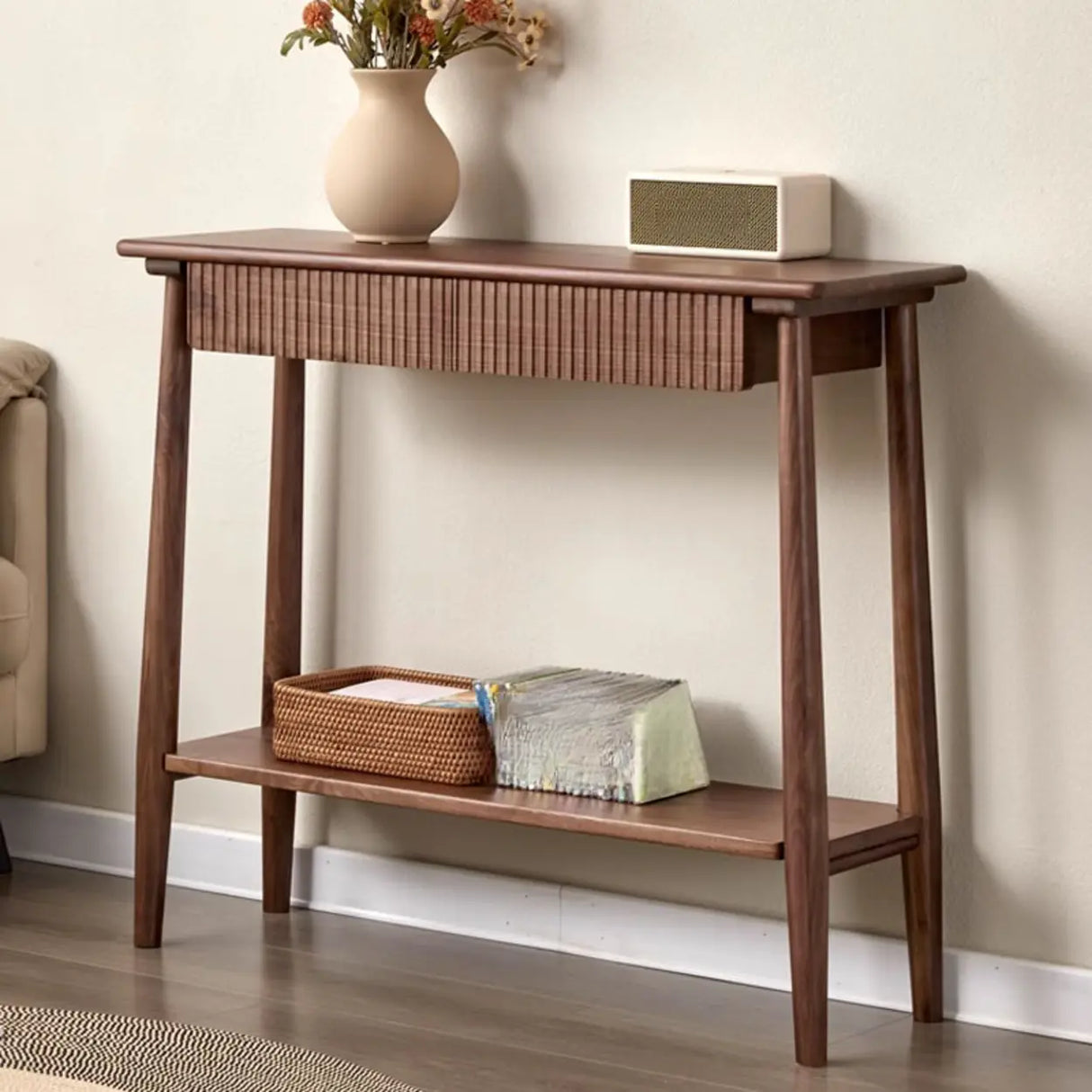 Natural Oak Storage Console Table with Shelf and Drawers Image - 4