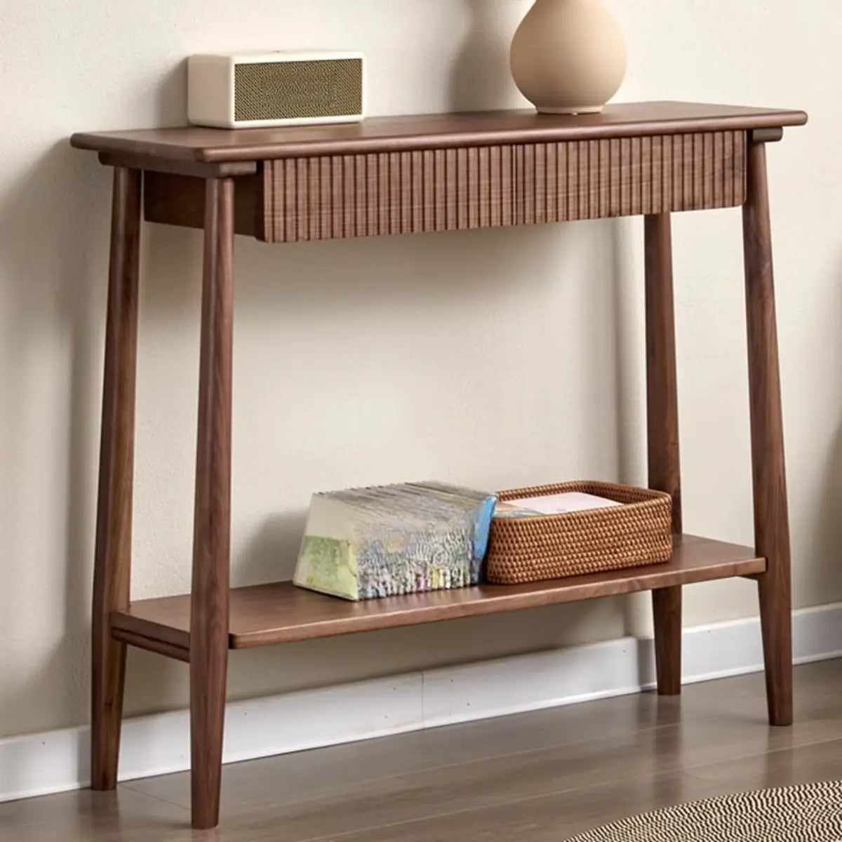 Natural Oak Storage Console Table with Shelf and Drawers Image - 5