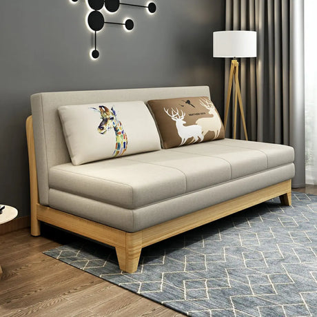 Natural Oak Wood Linen Tight Back Small Sleeper Sofa Image - 1