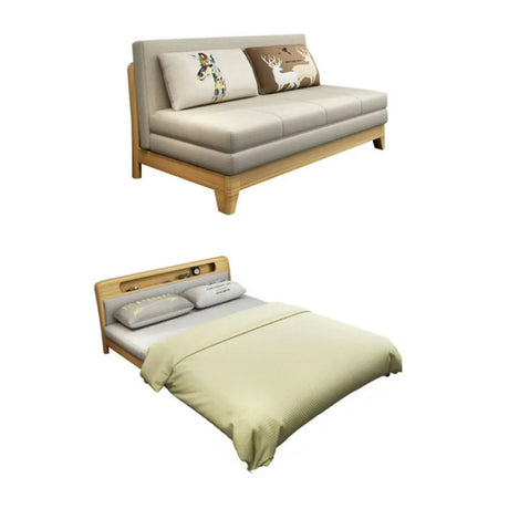 Natural Oak Wood Linen Tight Back Small Sleeper Sofa Image - 2