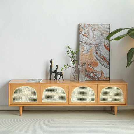 Natural Pine Wood 1 Tier Rectangle Cabinet TV Stand Image - 1