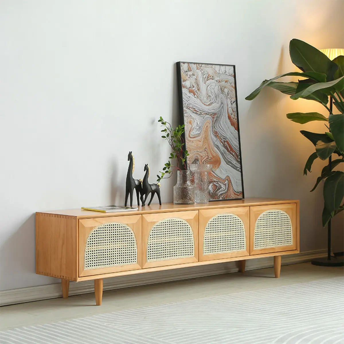 Natural Pine Wood 1 Tier Rectangle Cabinet TV Stand Image - 4