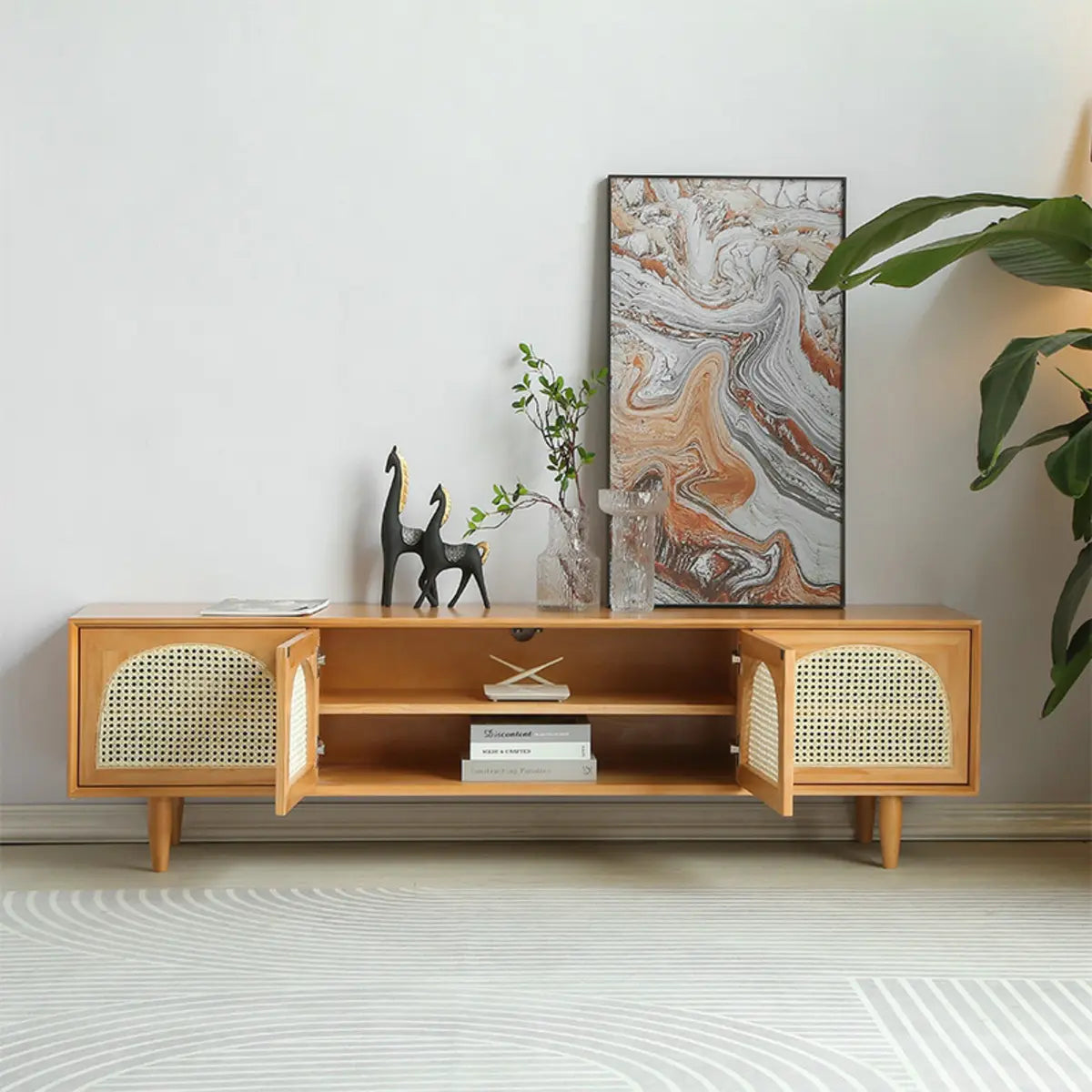 Natural Pine Wood 1 Tier Rectangle Cabinet TV Stand Image - 5