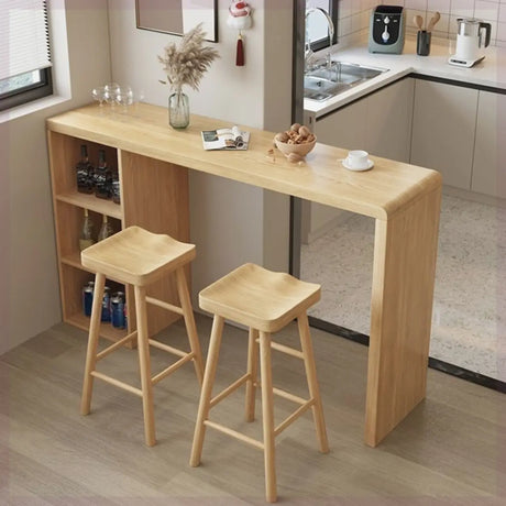 Natural Pine Wood Double Pedestal Storage Bar Table Image - 1
