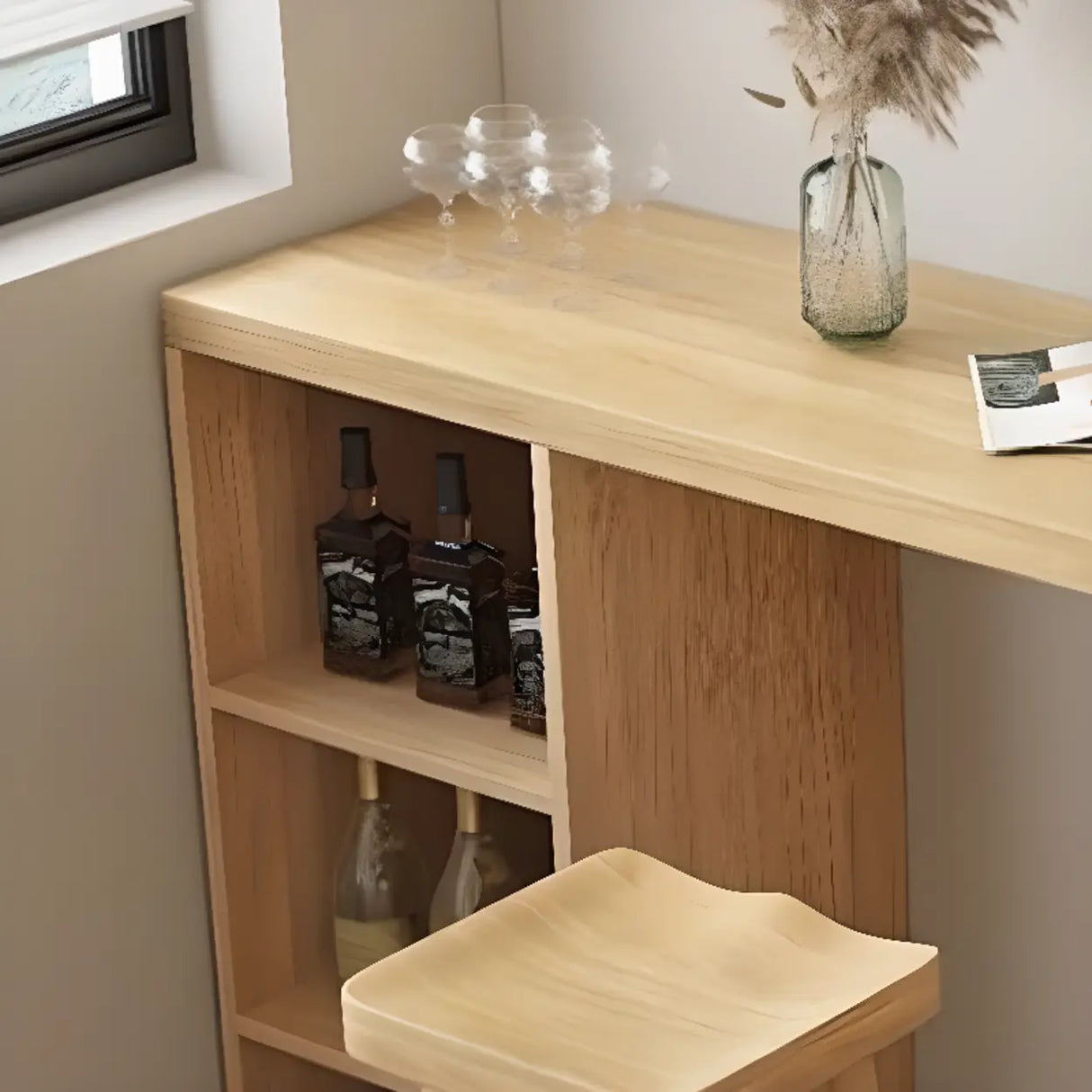 Natural Pine Wood Double Pedestal Storage Bar Table Image - 5
