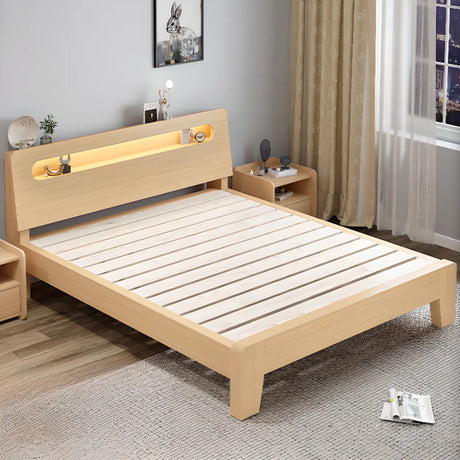 Natural Queen Headboard Wood LED Panel Bed with Shelves Image - 1