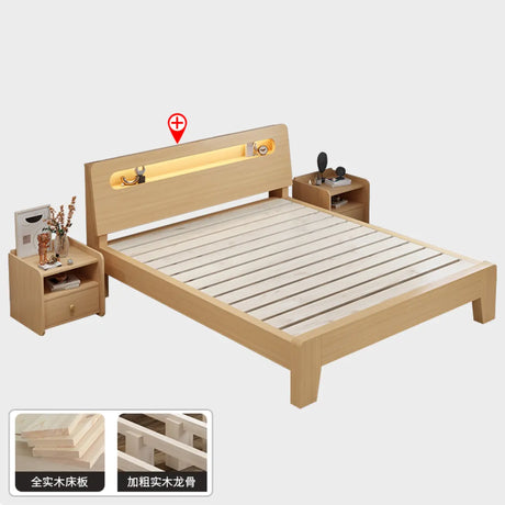 Natural Queen Headboard Wood LED Panel Bed with Shelves Image - 2