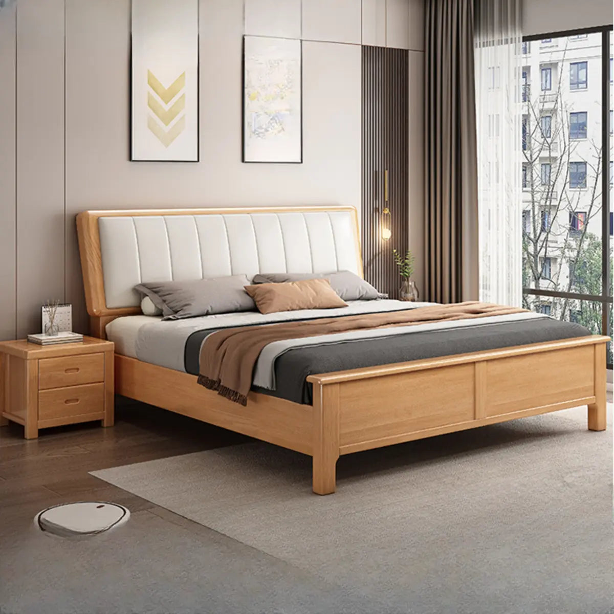 Natural Queen Panel Wood Bed with Upholstered Headboard Image - 1