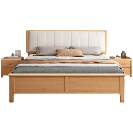 Natural Queen Panel Wood Bed with Upholstered Headboard Image - 2
