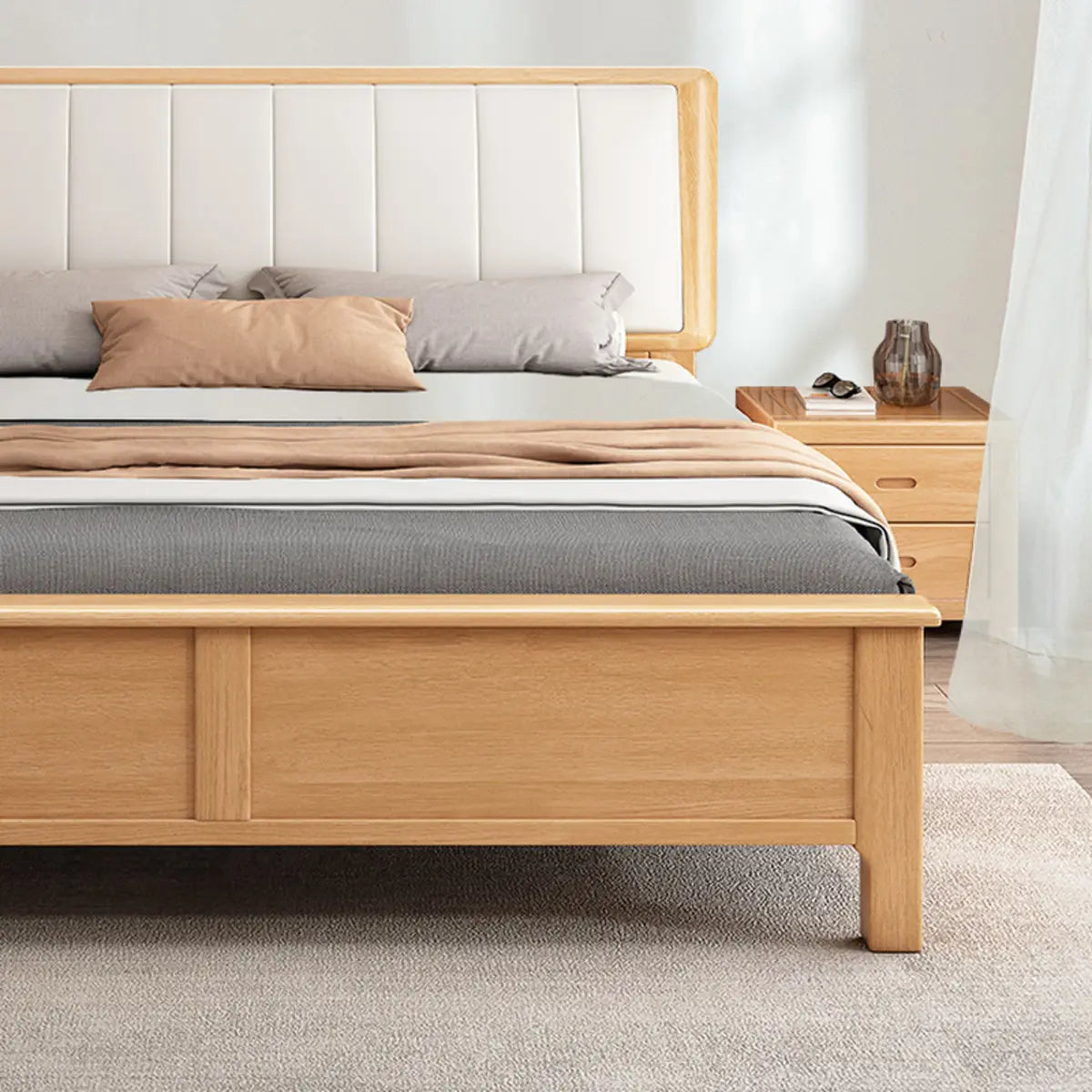 Natural Queen Panel Wood Bed with Upholstered Headboard Image - 3