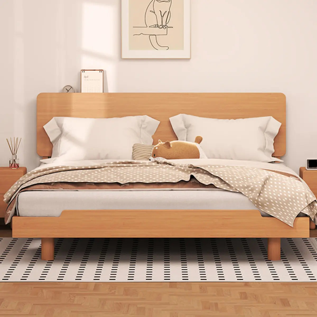 Natural Queen Pine Wood Panel Headboard Bed with Shelf Image - 1