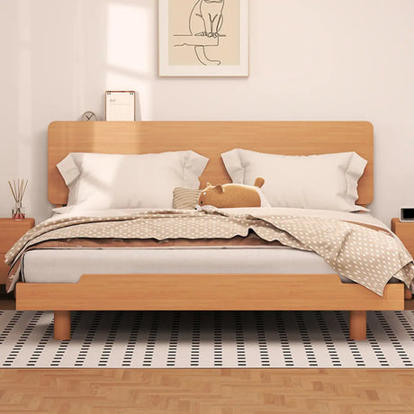 Natural Queen Pine Wood Panel Headboard Bed with Shelf Image - 1