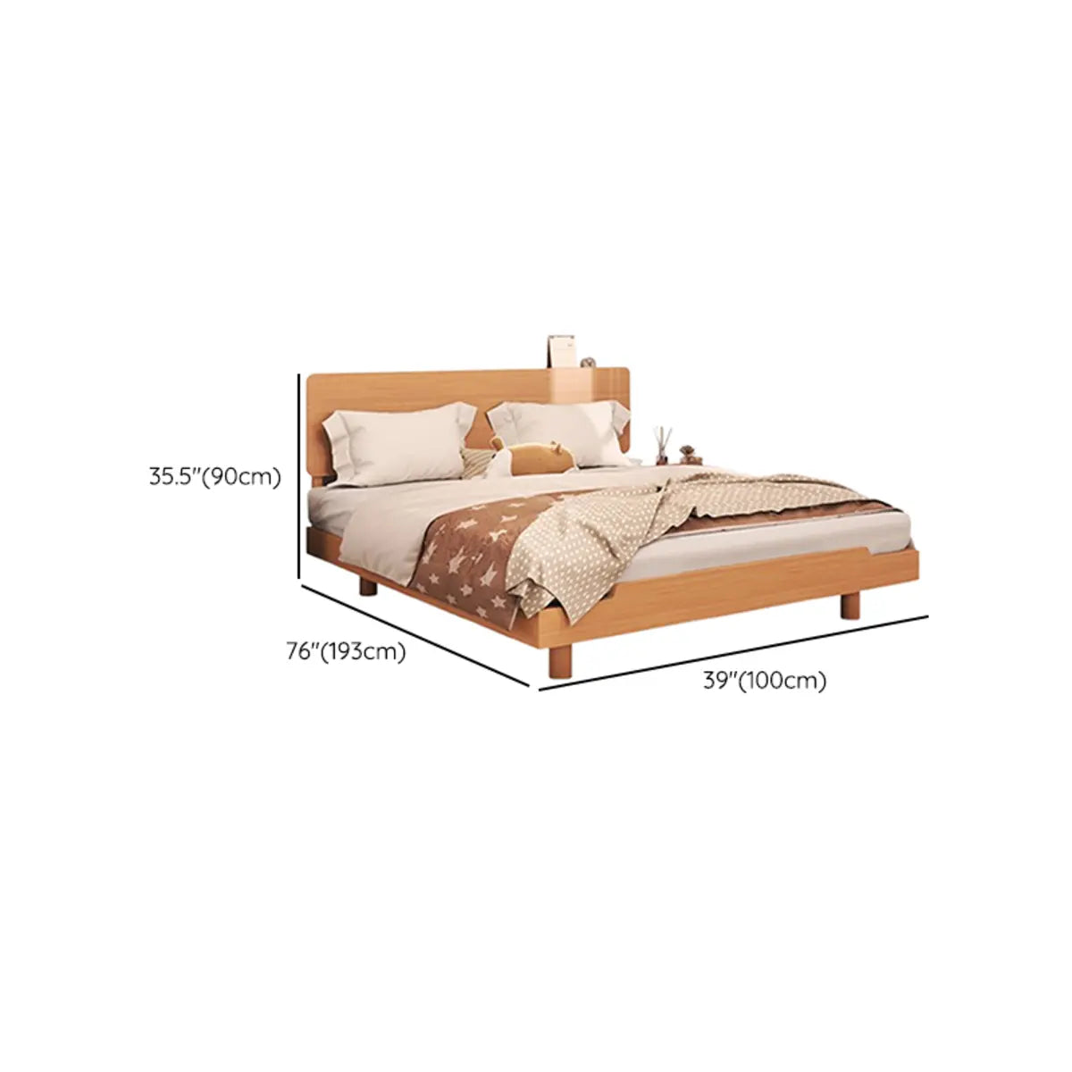 Natural Queen Pine Wood Panel Headboard Bed with Shelf Image - 16